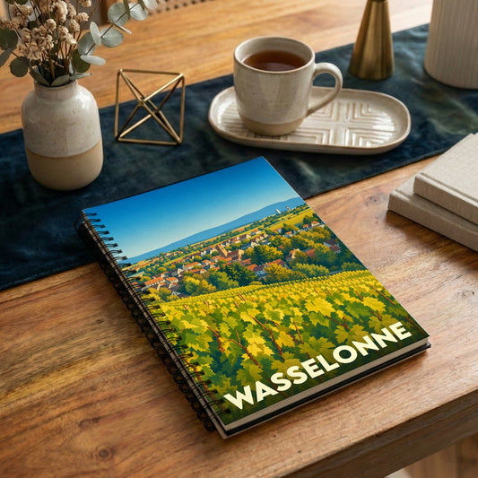 Carnet souvenir de la ville de Wasselonne avec une illustration stylisée de son vignoble et de son panorama urbain.