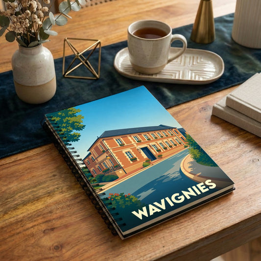 Carnet à spirale souvenir de la ville de Wavignies avec une illustration stylisée.