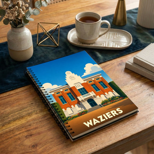 Carnet à spirales souvenir de la ville de Waziers avec une illustration stylisée de son hôtel de ville.
