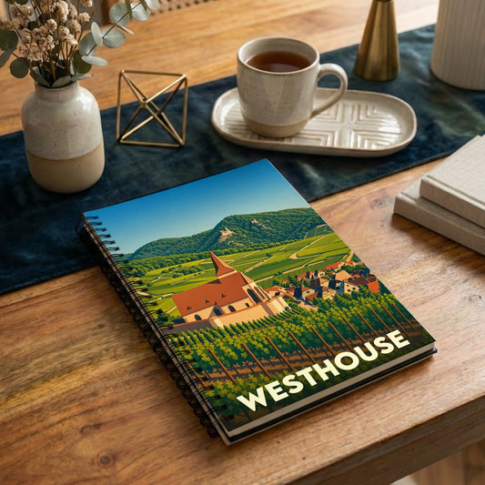Carnet souvenir de la ville de Westhouse avec une illustration stylisée de son paysage et de son vignoble.
