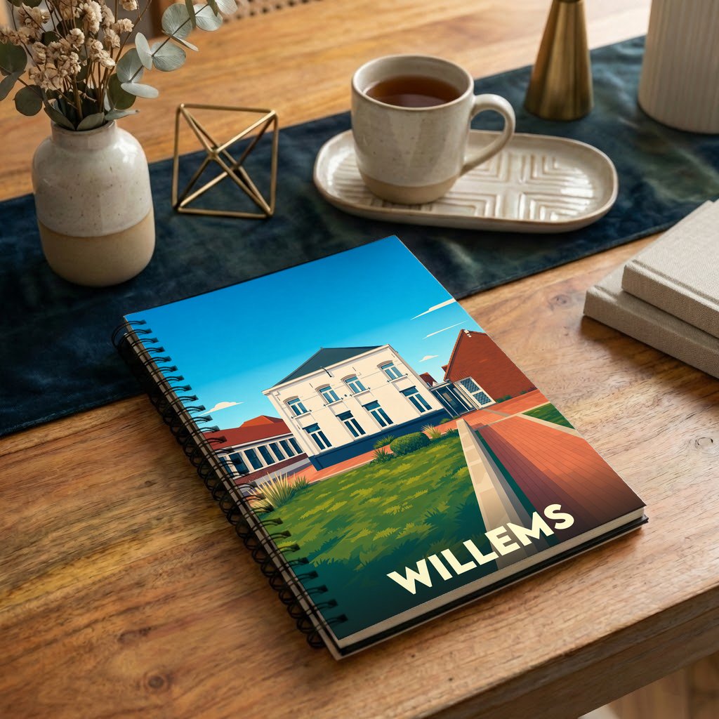Carnet à spirales souvenir de la ville de Willems avec une illustration stylisée.