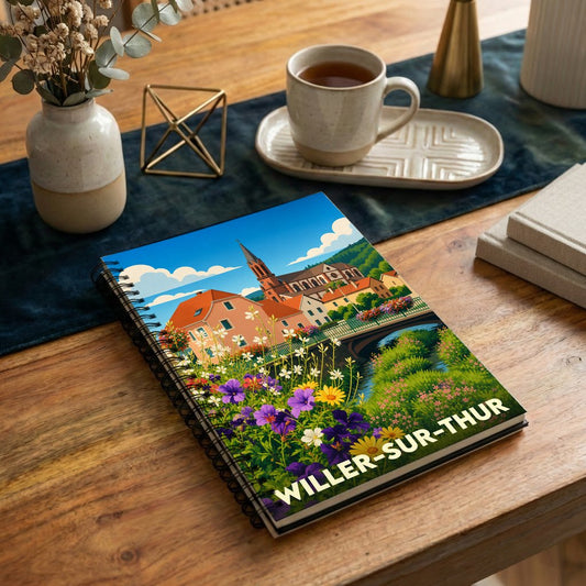 Carnet à spirales souvenir de la ville de Willer-sur-Thur avec une illustration stylisée et colorée.