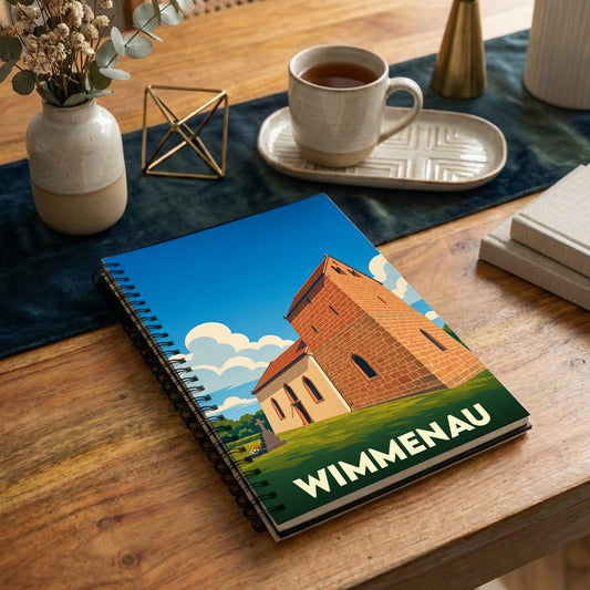Carnet souvenir de la ville de Wimmenau avec une illustration stylisée de son église.