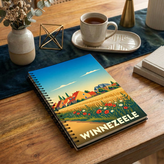 Carnet souvenir de la ville de Winnezeele avec une illustration stylisée d'un paysage champêtre.