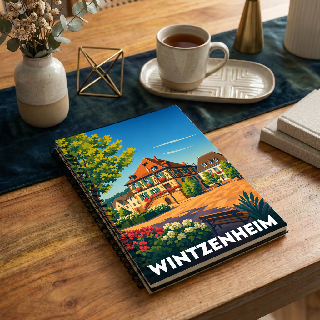 Carnet souvenir de la ville de Wintzenheim avec une illustration stylisée d'une place alsacienne fleurie.