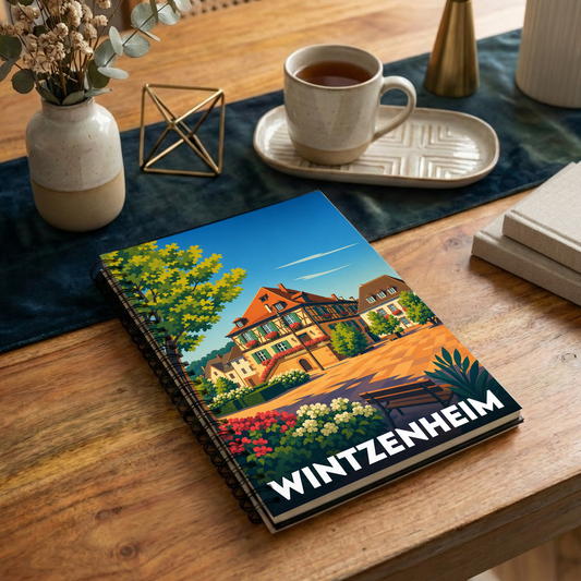 Carnet souvenir de la ville de Wintzenheim avec une illustration stylisée d'une place alsacienne fleurie.