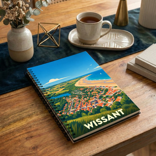 Carnet de notes à spirales avec une vue aérienne illustrée et stylisée de la ville de Wissant.