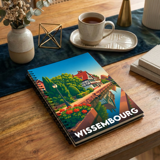 Carnet souvenir de la ville de Wissembourg orné d'une illustration stylisée de ses canaux et maisons à colombages.