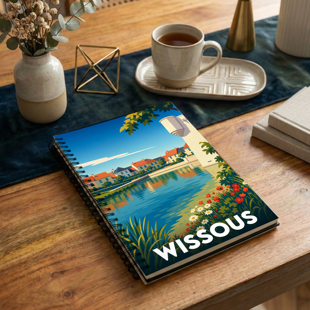Carnet à spirales souvenir de la ville de Wissous avec une illustration stylisée d'un paysage aquatique urbain.