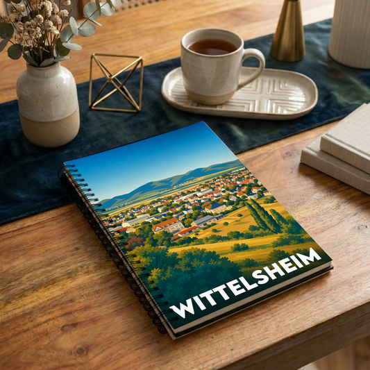 Carnet à spirales souvenir de la ville de Wittelsheim avec une illustration stylisée de son paysage urbain et naturel.