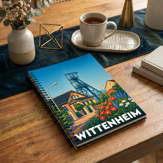 Carnet souvenir de la ville de Wittenheim avec une illustration stylisée d'un paysage minier.