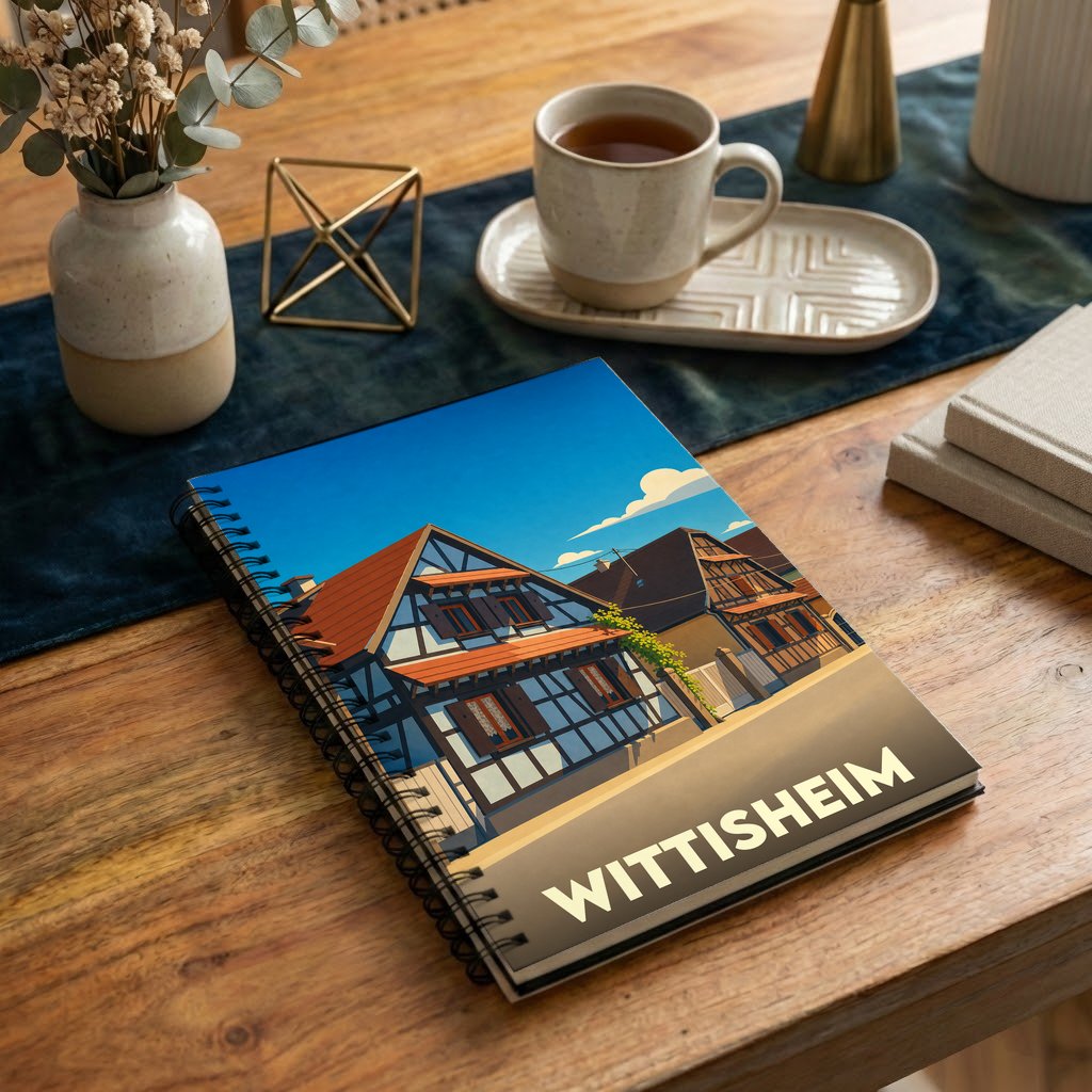 Carnet à spirale souvenir de la ville de Wittisheim avec une illustration stylisée de maisons à colombages.