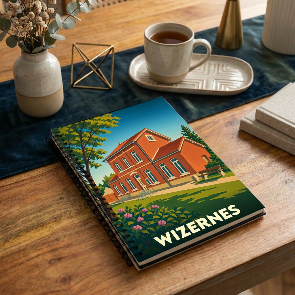 Carnet à spirales souvenir de la ville de Wizernes avec une illustration stylisée d'une maison traditionnelle.