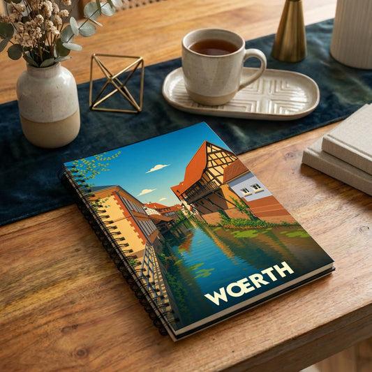 Carnet de notes souvenir de la ville de Wœrth illustré par un paysage urbain pittoresque au bord de l'eau.