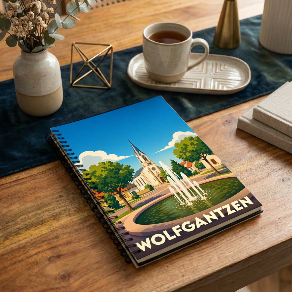 Carnet souvenir de la ville de Wolfgantzen orné d'une illustration stylisée d'une place avec fontaine et église.