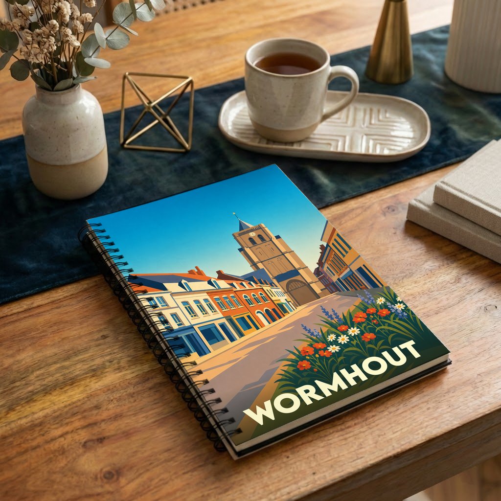 Carnet à spirales souvenir de la ville de Wormhout avec une illustration stylisée.
