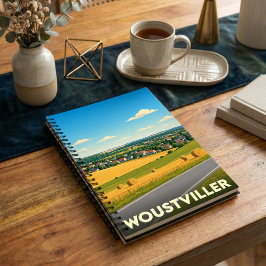 Carnet souvenir de la ville de Woustviller avec une illustration stylisée d'un paysage rural.