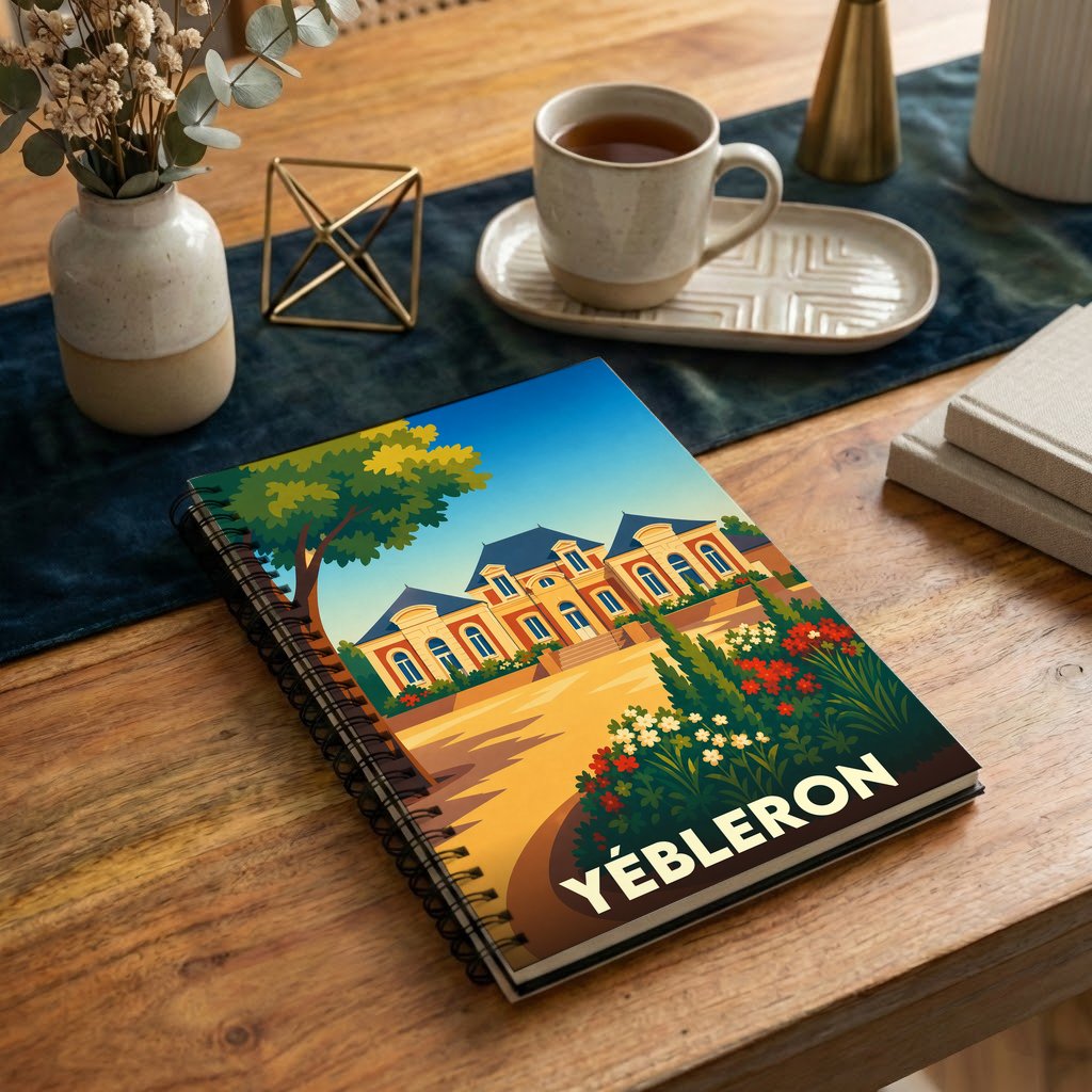 Carnet à spirales souvenir de la ville de Yébleron avec une illustration stylisée d'un château fleuri.