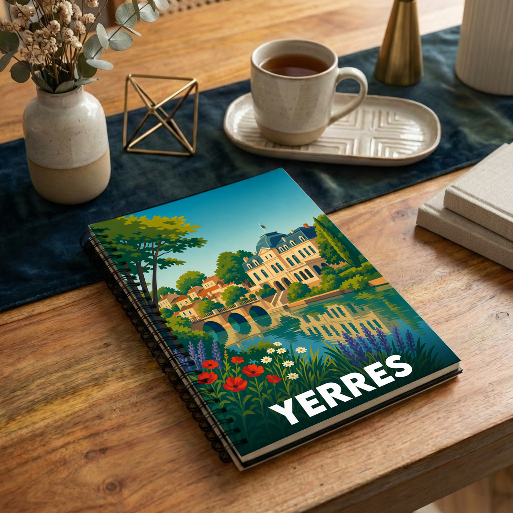Carnet souvenir de la ville de Yerres orné d'une illustration stylisée représentant une demeure historique au bord de l'eau.