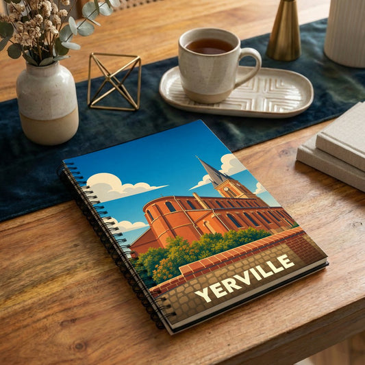 Carnet à spirales souvenir de la ville de Yerville illustré d'un dessin stylisé de son église sous un ciel bleu.