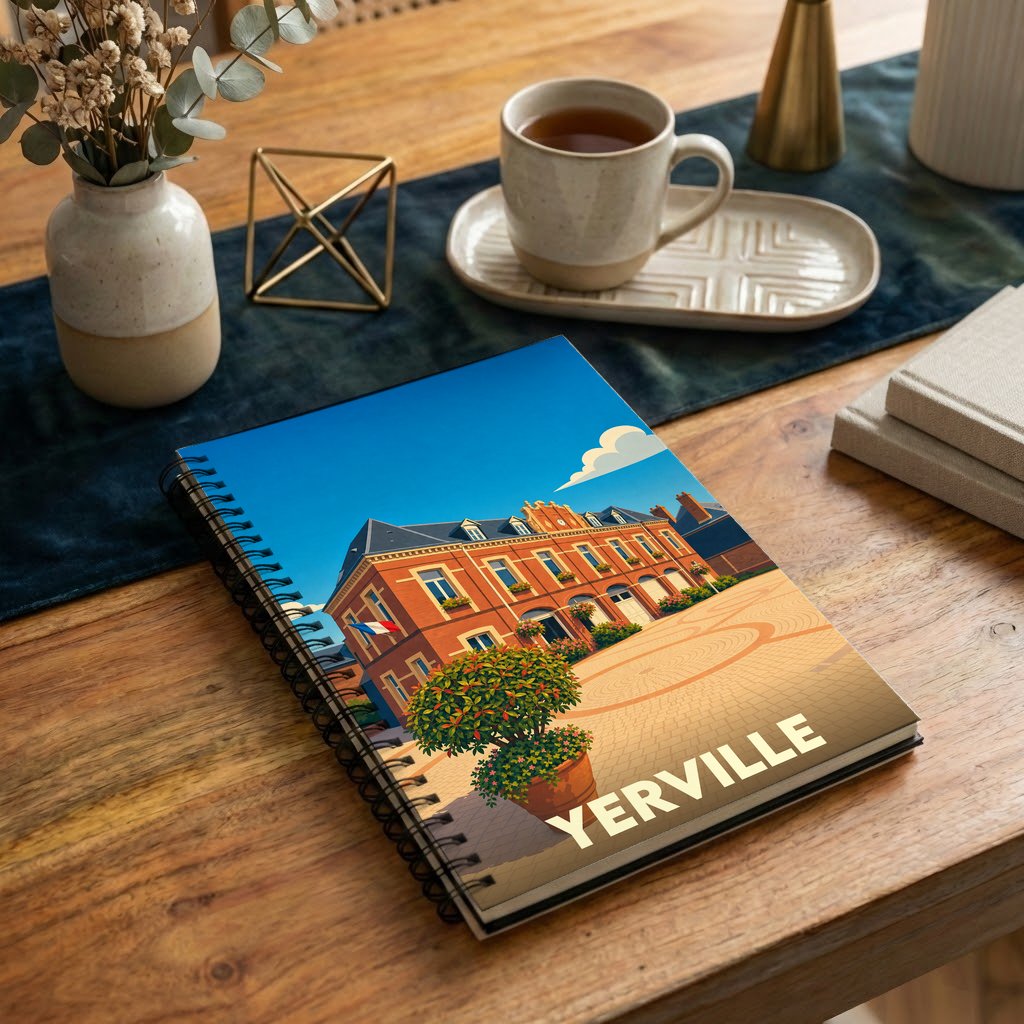 Carnet de notes à spirales souvenir de la ville de Yerville avec une illustration stylisée de son hôtel de ville.