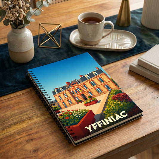 Carnet souvenir de la ville de Yffiniac avec une illustration stylisée de son hôtel de ville.