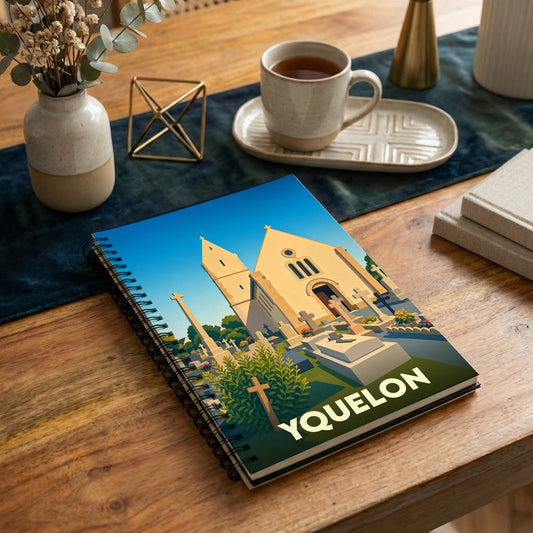 Carnet souvenir de la ville d'Yquelon avec une illustration stylisée de son église et de son cimetière.