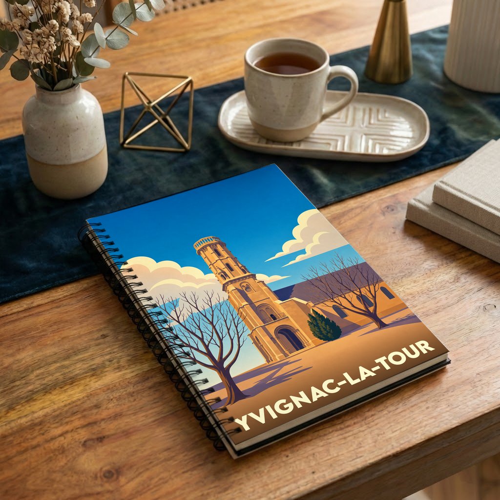 Carnet à spirales souvenir de la ville d'Yvignac-la-Tour avec une illustration stylisée de sa tour emblématique.