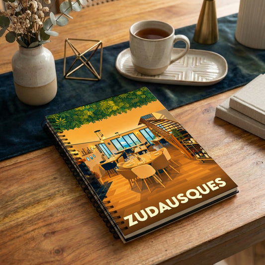 Carnet souvenir de la ville de Zudausques avec une illustration stylisée d'un restaurant chaleureux.