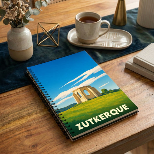 Carnet souvenir de la ville de Zutkerque avec une illustration stylisée d'un monument historique.