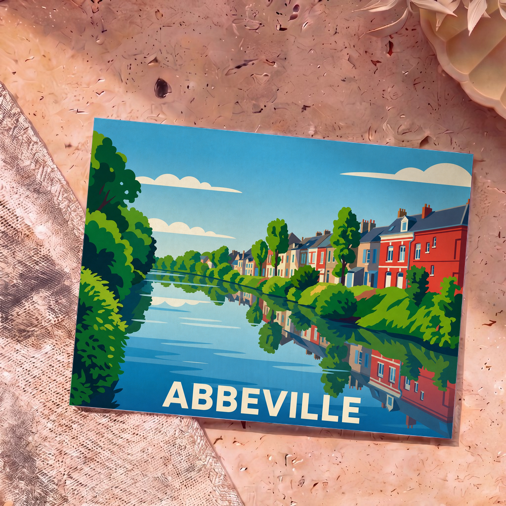 Carte postale souvenir de la ville d'Abbeville avec une illustration stylisée de maisons colorées bordant la Somme.