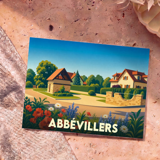 Carte postale souvenir de la ville d'Abbévillers avec une illustration paysagère colorée et stylisée.