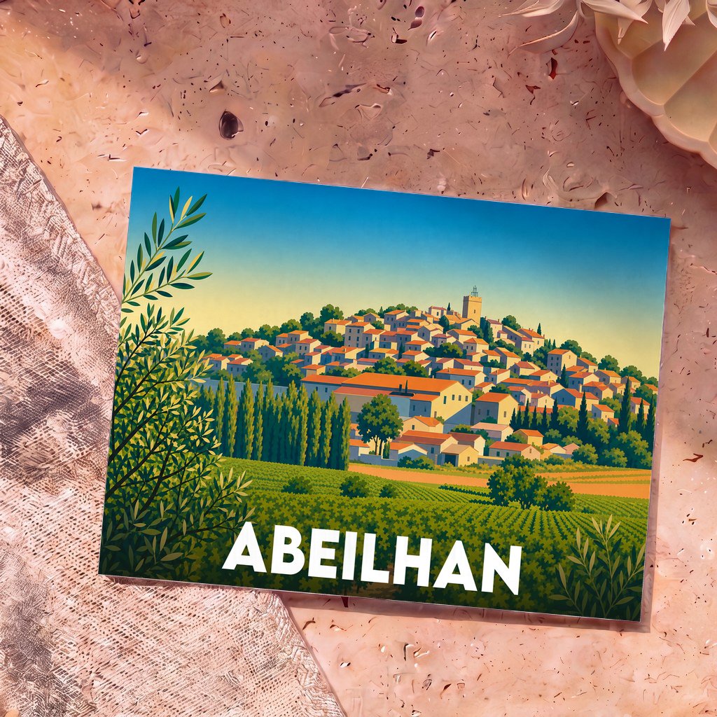 Carte postale souvenir de la ville d'Abeilhan avec une illustration stylisée d'un village occitan entouré de vignes.