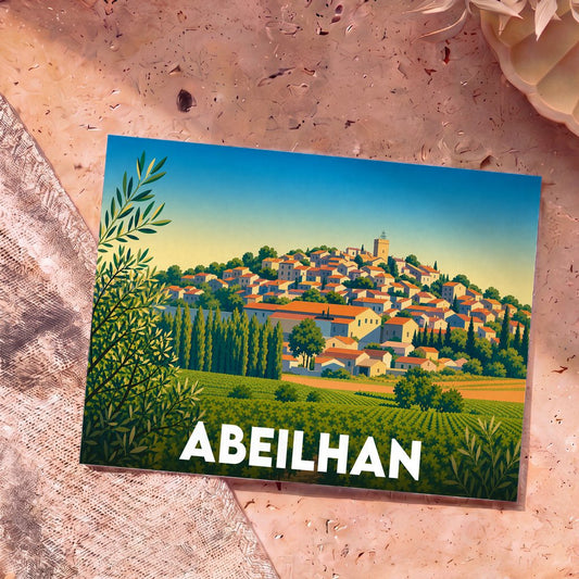 Carte postale souvenir de la ville d'Abeilhan avec une illustration stylisée d'un village occitan entouré de vignes.