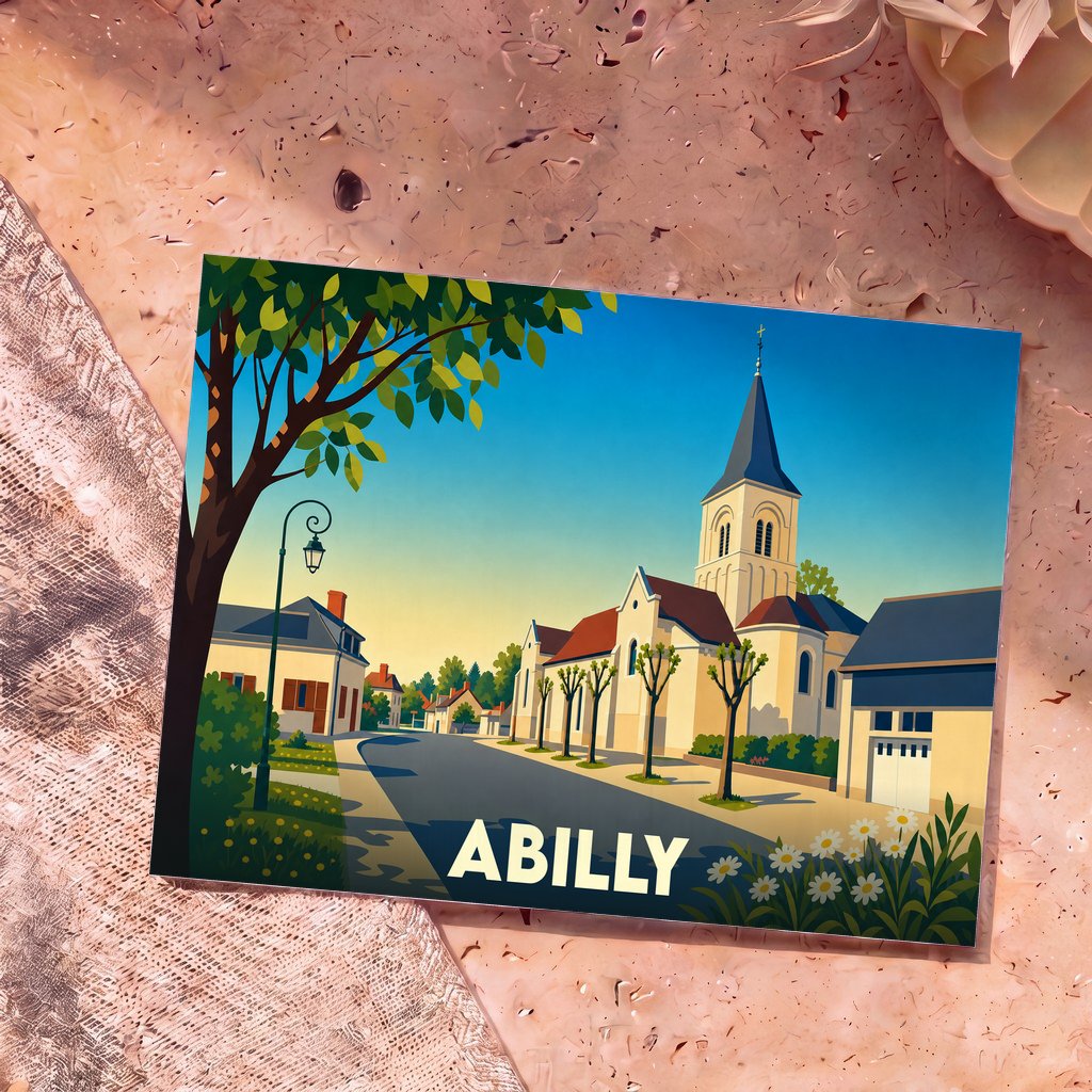 Carte postale souvenir de la ville d'Abilly avec une illustration stylisée de son église et de ses rues.
