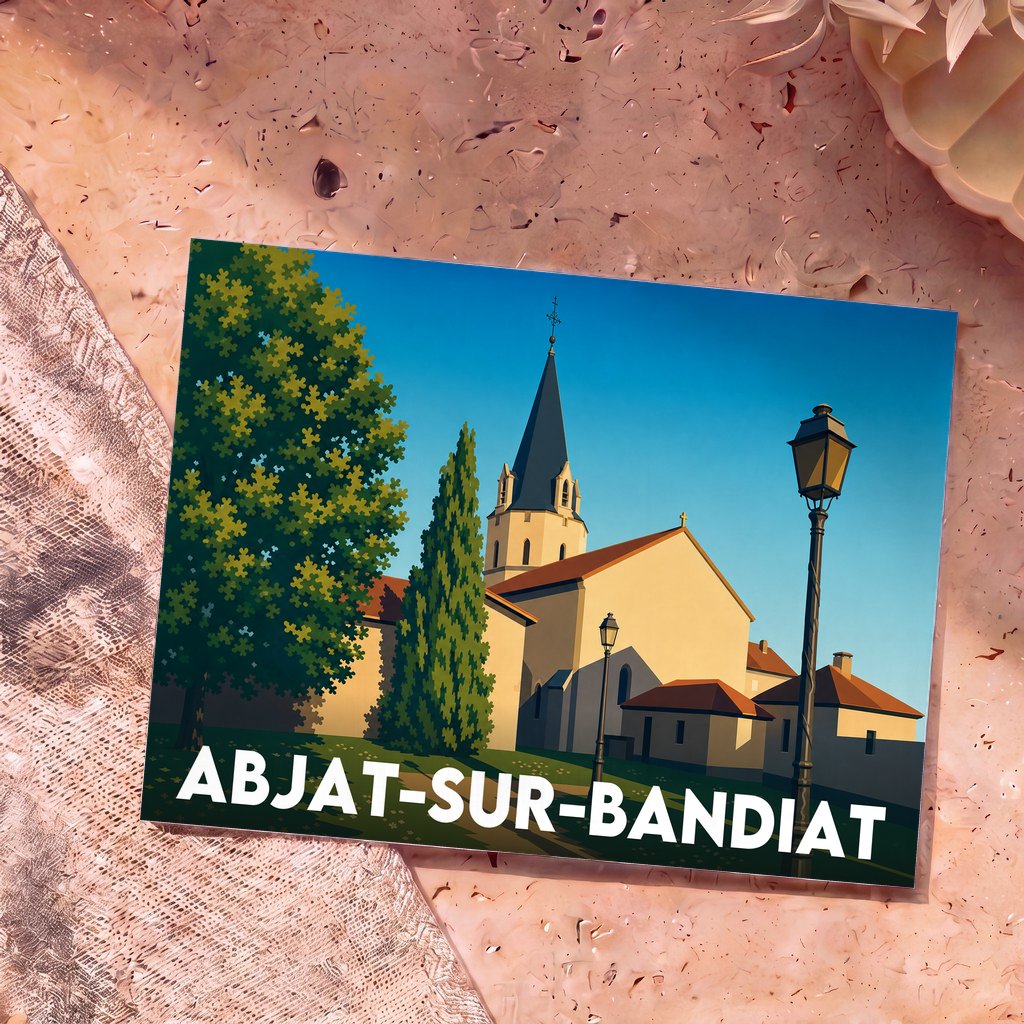 Carte postale souvenir de la ville d'Abjat-sur-Bandiat illustrant son église et ses ruelles dans un style graphique épuré.