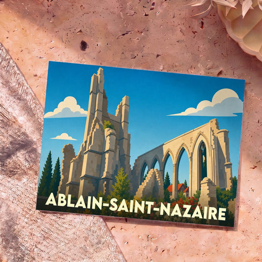 Carte postale souvenir de la ville d'Ablain-Saint-Nazaire avec une illustration stylisée de ses ruines historiques.