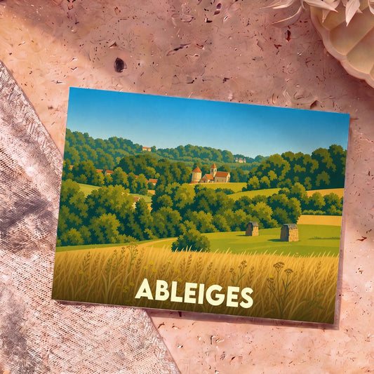 Carte postale souvenir de la ville d'Ableiges avec une illustration stylisée d'un paysage rural vallonné.