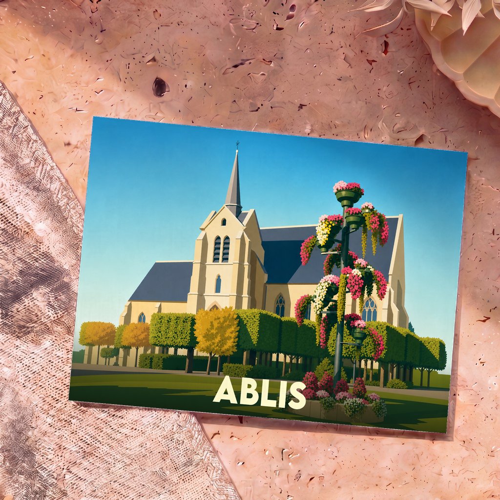 Carte postale souvenir de la ville d'Ablis illustrant son église et ses jardins dans un style graphique épuré.