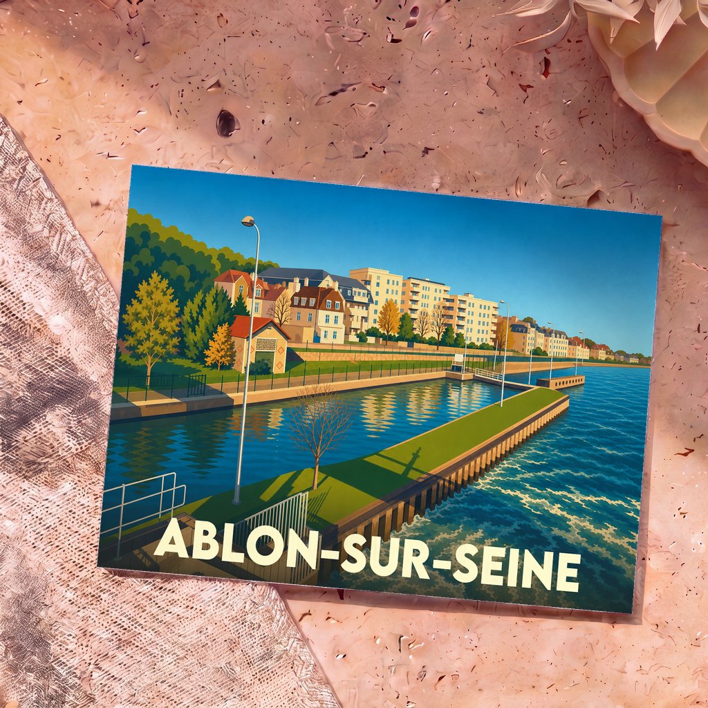 Carte postale souvenir de la ville d'Ablon-sur-Seine avec une illustration stylisée des bords de Seine.