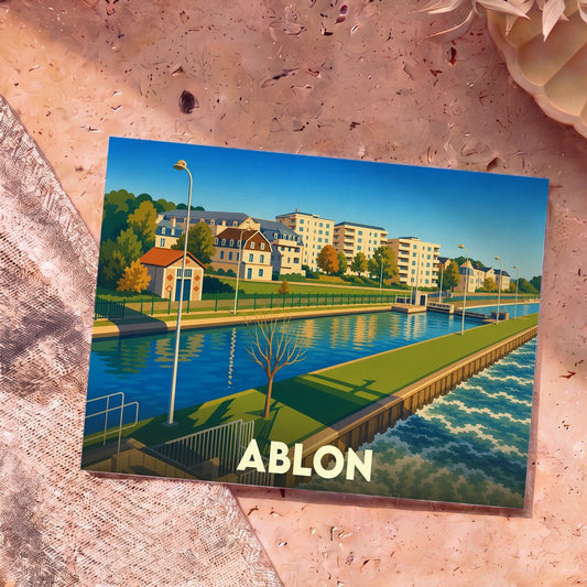 Carte postale souvenir de la ville d'Ablon illustrant ses quais et ses bâtiments dans un style graphique épuré.