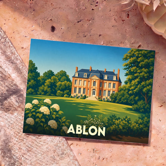 Carte postale souvenir de la ville d'Ablon avec une illustration stylisée d'un château entouré de verdure.