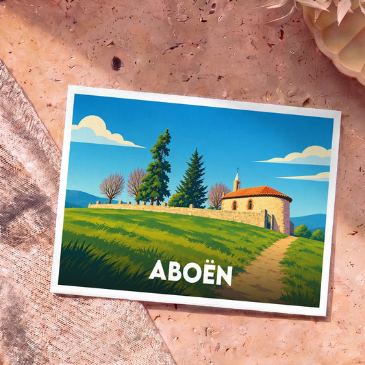 Carte postale souvenir de la ville d'Aboën avec une illustration stylisée d'une chapelle sur une colline verdoyante.