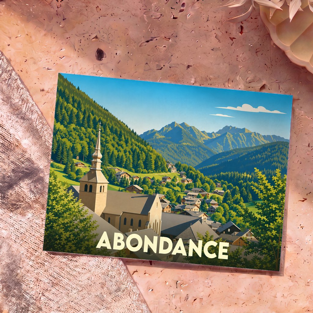 Carte postale souvenir de la ville de Abondance avec une illustration stylisée d'un village de montagne et son église.