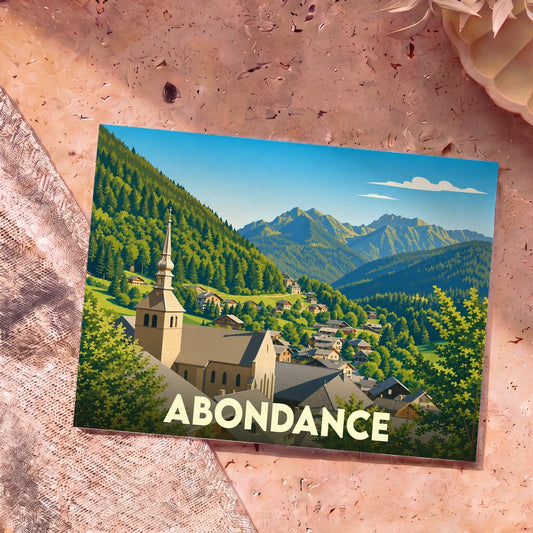 Carte postale souvenir de la ville de Abondance avec une illustration stylisée d'un village de montagne et son église.