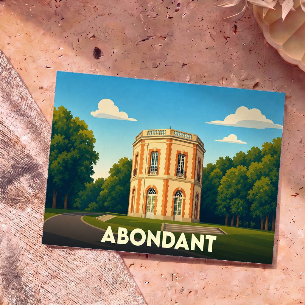 Carte postale souvenir de la ville d'Abondant illustrant un pavillon octogonal historique dans un style graphique épuré.