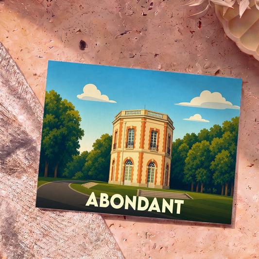 Carte postale souvenir de la ville d'Abondant illustrant un pavillon octogonal historique dans un style graphique épuré.