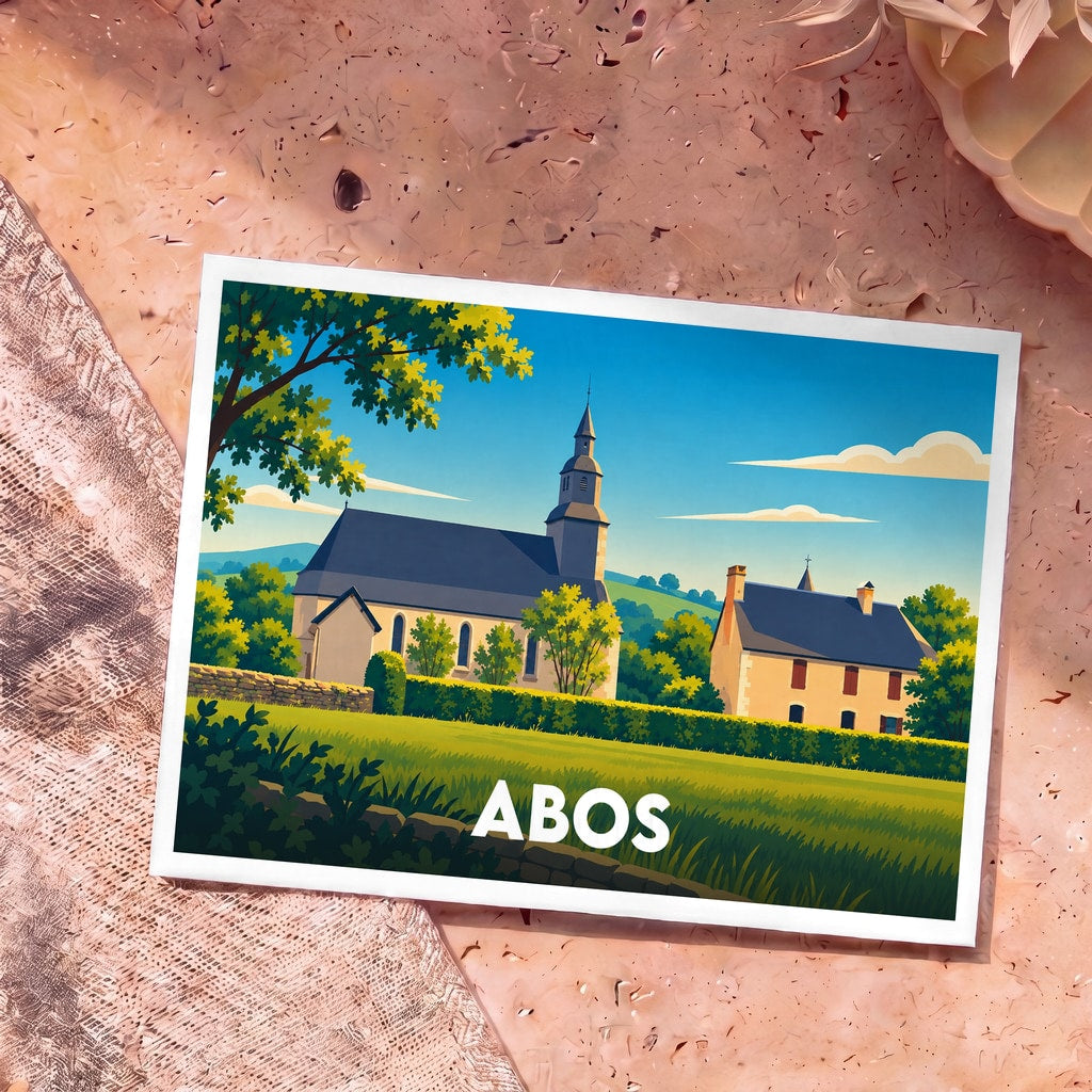 Carte postale souvenir de la ville d'Abos avec une illustration stylisée de son église et de son paysage rural.