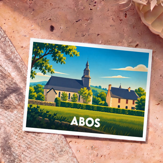 Carte postale souvenir de la ville d'Abos avec une illustration stylisée de son église et de son paysage rural.