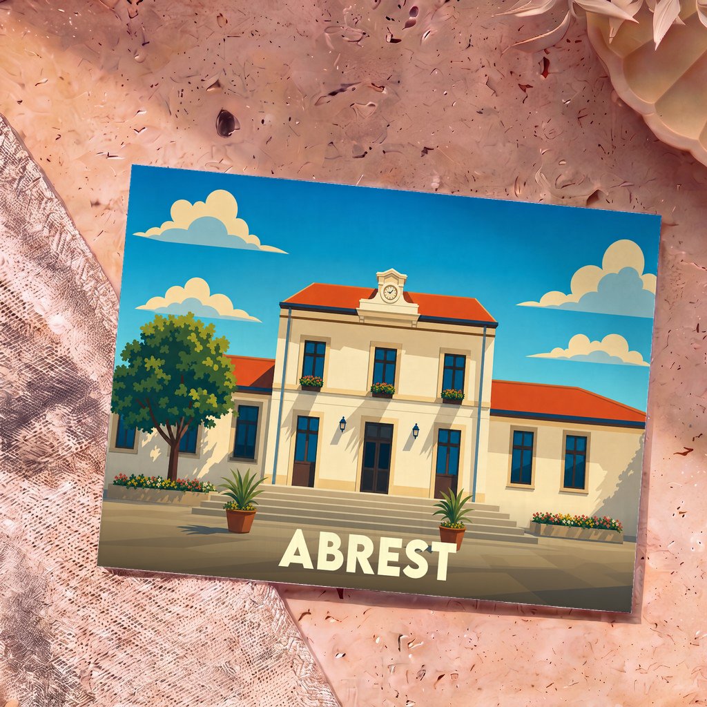 Carte postale souvenir de la ville d'Abrest illustrant sa mairie dans un style graphique épuré.